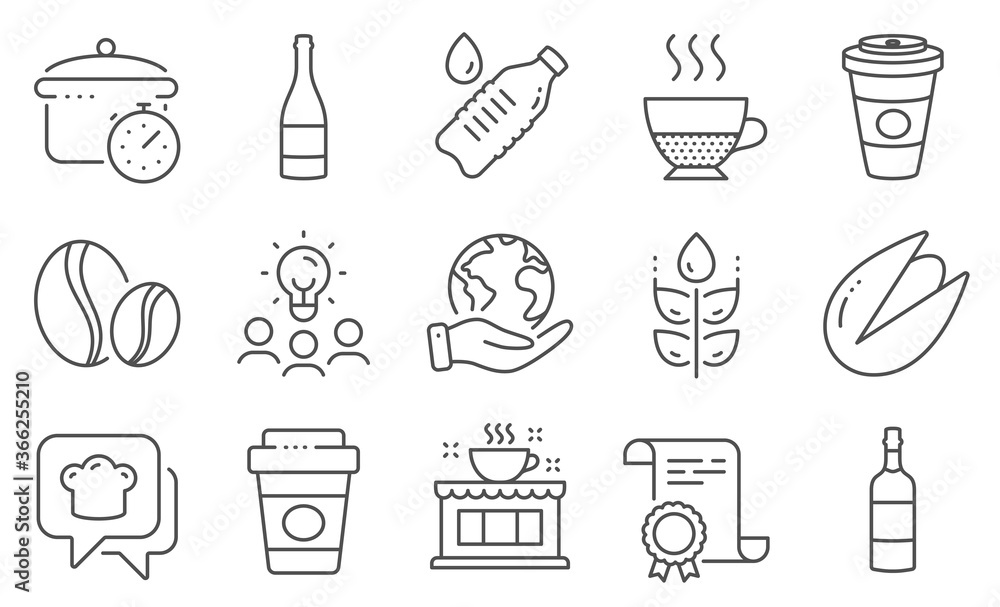 Set of Food and drink icons, such as Pistachio nut, Takeaway coffee. Diploma, ideas, save planet. Coffee beans, Doppio, Water bottle. Brandy bottle, Gluten free, Boiling pan. Vector
