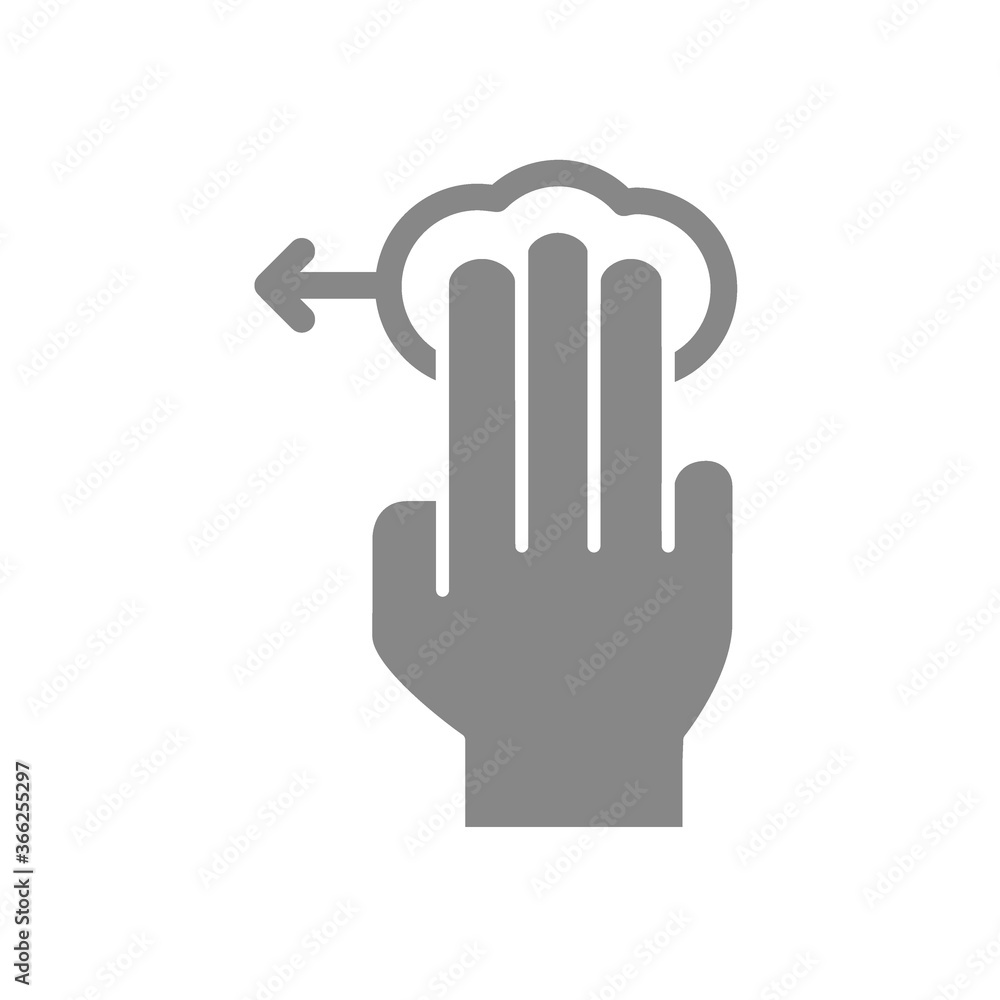 Tap with three fingers and swipe left grey icon. Multi touch screen fingers, 3x tap symbol Tap with three fingers and swipe left grey icon. Multi touch screen fingers, 3x tap symbol