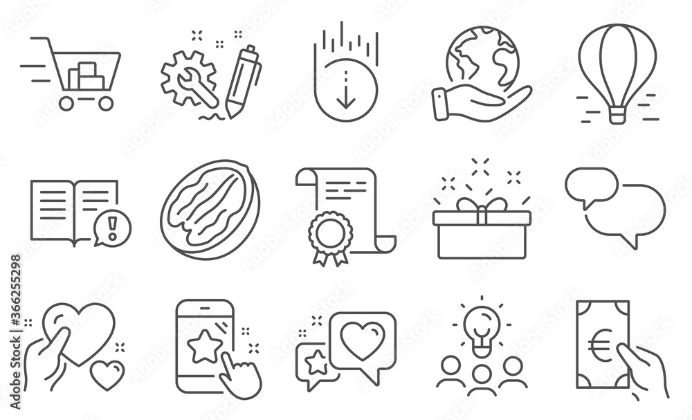 Set of Business icons, such as Chat message, Scroll down. Diploma, ideas, save planet. Present box, Star rating, Pecan nut. Heart, Engineering, Facts. Finance, Shopping cart, Hold heart. Vector
