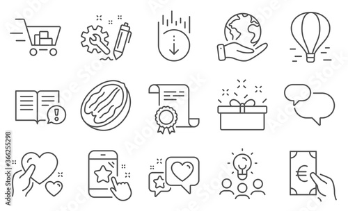 Set of Business icons  such as Chat message  Scroll down. Diploma  ideas  save planet. Present box  Star rating  Pecan nut. Heart  Engineering  Facts. Finance  Shopping cart  Hold heart. Vector