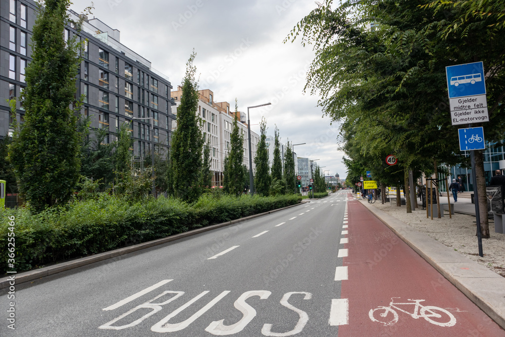 Asphalt street with bus and bicycles lanes Oslo