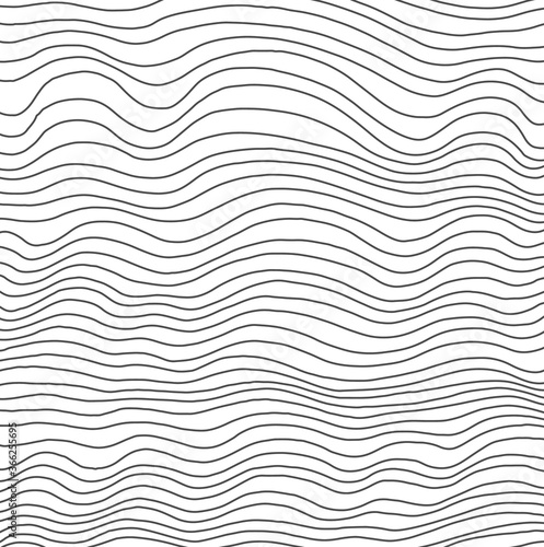 Wave pattern, line background, optical illusion. Amazing hand drawn doodle art. Vector illustration. Hand drawn artwork. Poster, banner, web interface template. Black and white, monochrome