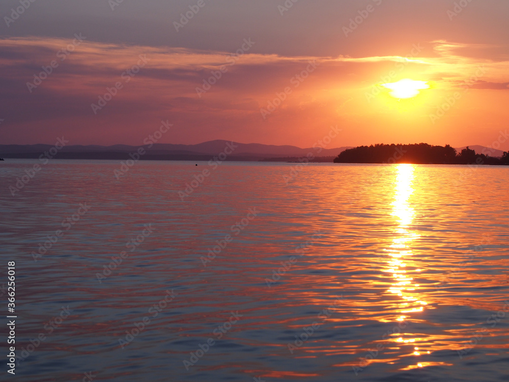 Sunset on lake Uvildy in Chelyabinsk region (Russia)
