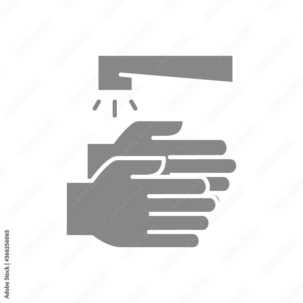 Washing hands with water grey icon. Cleaning and disinfection, hygiene symbol.