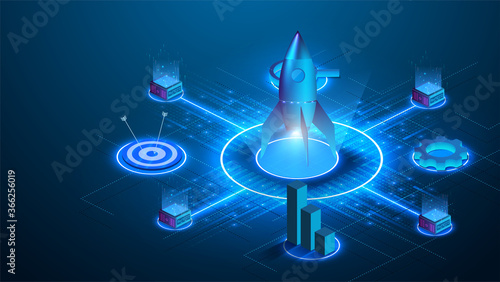 Business start up isometric concept vector illustration.The rocket takes off over a neon circle of light. Gear, graph, search, goal, target on futuristic blue background. Business startup technologies