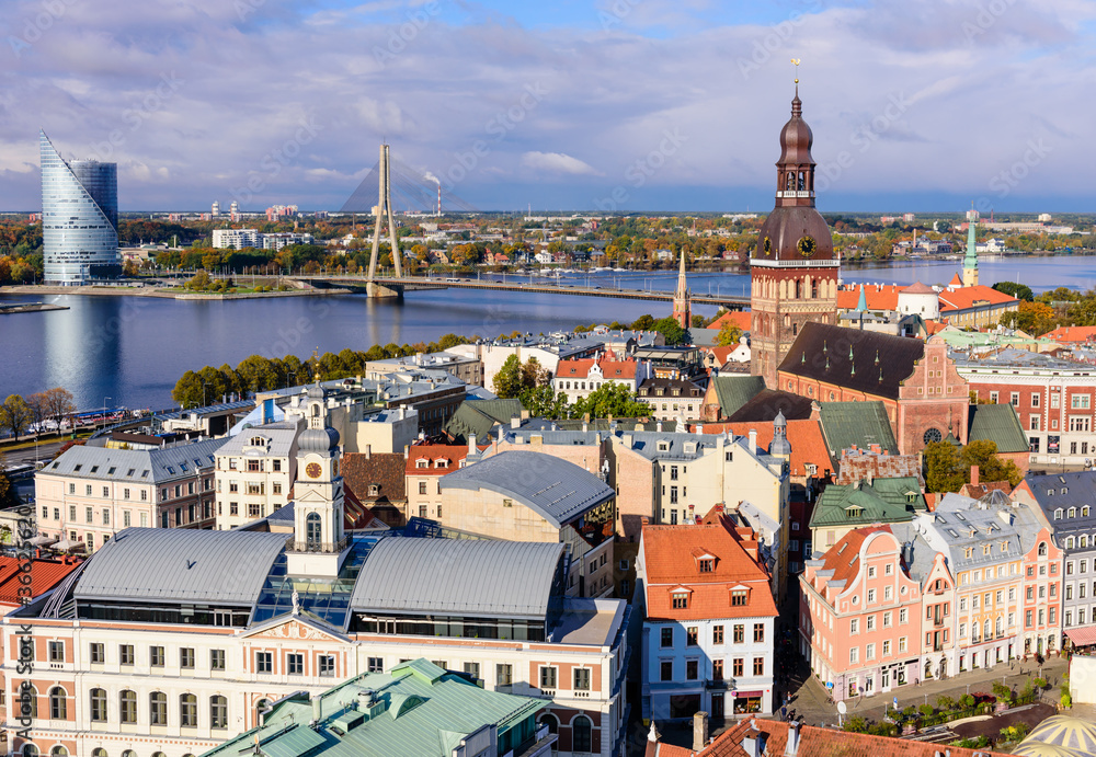 Sightseeing of Latvia. Beautiful aerial view of Riga old town.