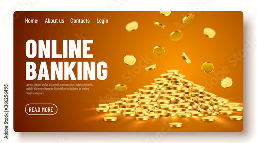 Gold shiny coins. Big bunch of old metal money. Precious expensive treasure. Online banking landing page template or banner.