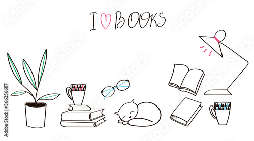 Vector school student set, books, glasses, table lamp, tea cup, kitten, flower. Schoolboy, go back to school. Line art isolated on white background