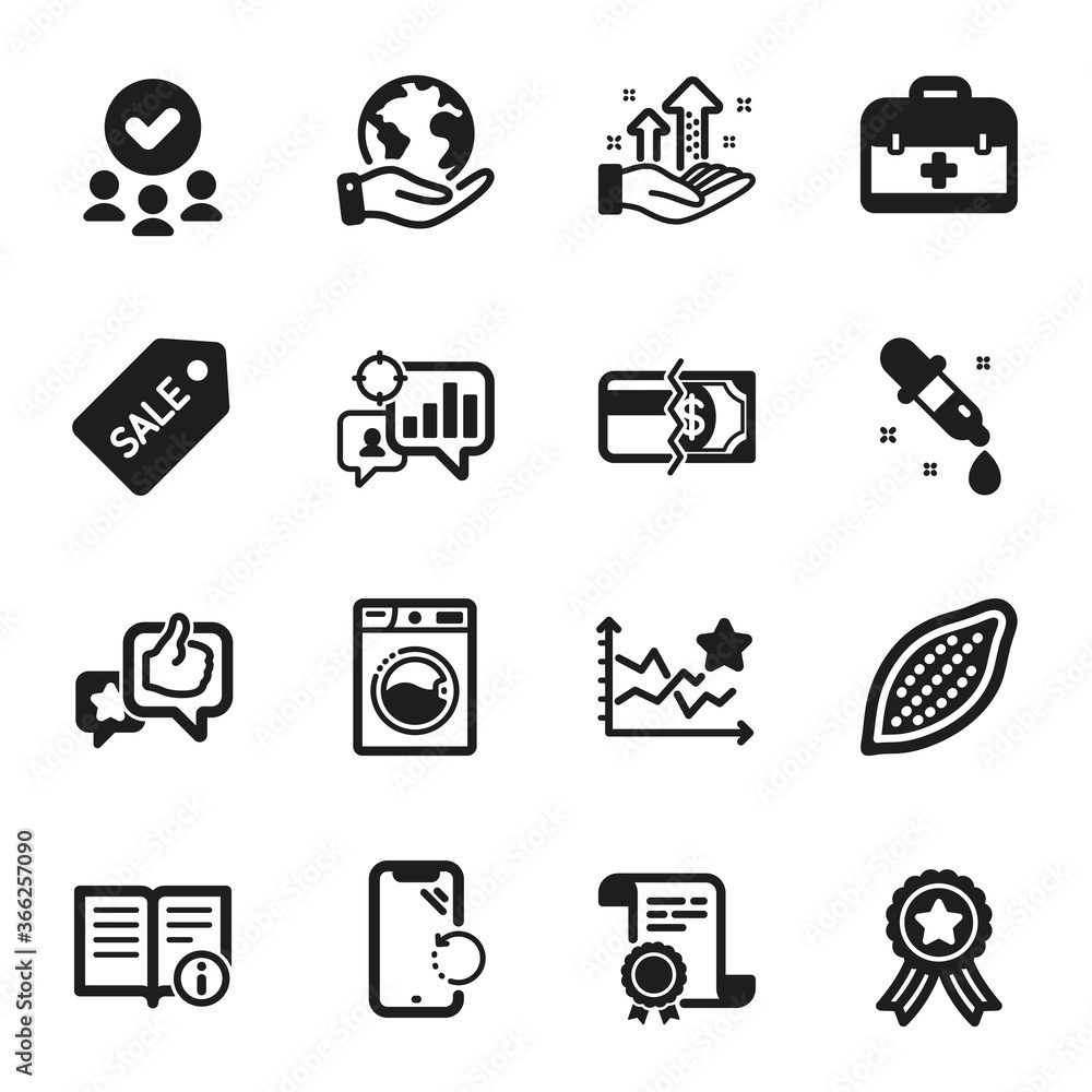 Set of Business icons, such as Like, Analysis graph. Certificate, approved group, save planet. Washing machine, Ranking stars, Sale ticket. Technical info, First aid, Seo statistics. Vector Set of Business icons, such as Like, Analysis graph. Certificate, approved group, save planet. Washing machine, Ranking stars, Sale ticket. Technical info, First aid, Seo statistics. Vector