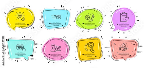 Chemistry lab, Quick tips and Patient history signs. Speech bubbles with quotes. Cogwheel, Success business and Education line icons set. Medical analyzes, Engineering symbols. Vector