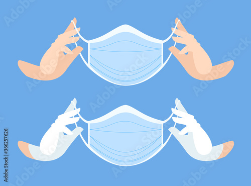 Medical mask in clean and white gloved hands. Protective face mask against viruses and bacteria. professional medical care accessories. Vector flat.
