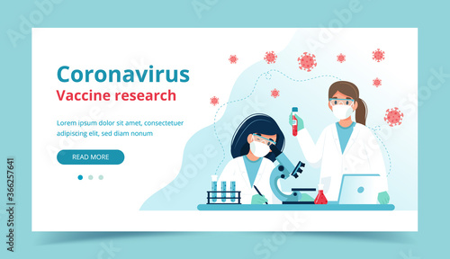 Vaccine research, scientists conducting experiments in lab. Landing page template. Vector illustration in flat style