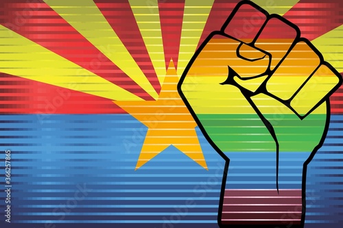 Shiny LGBT Protest Fist on a Arizona Flag - Illustration, 
Abstract grunge Arizona Flag and LGBT flag
