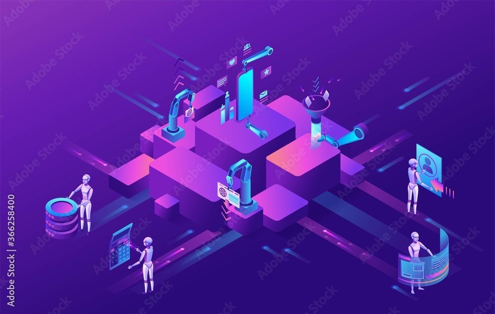Fototapeta premium Robotic process automation concept with robots working with data, arms moving files, extracting information from websites, digital technology service, 3d isometric vector illustration