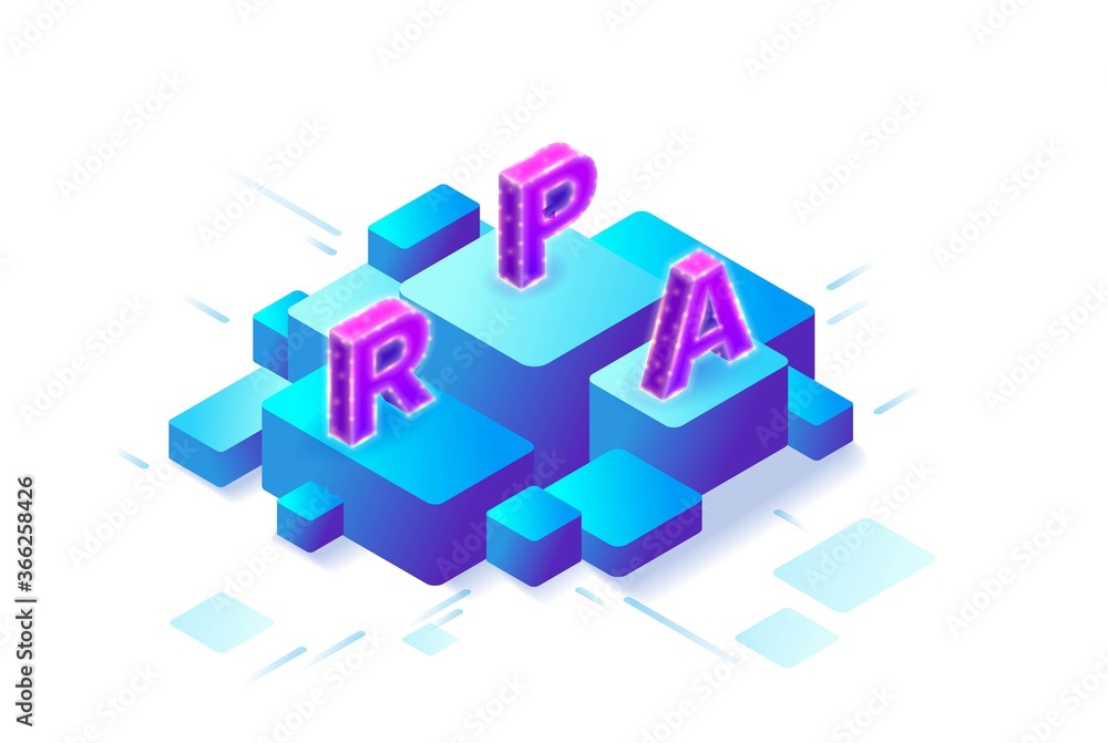 Robotic process automation concept with robots working with data, arms moving files, extracting information from websites, digital technology service, 3d isometric vector illustration Robotic process automation concept with robots working with data, arms moving files, extracting information from websites, digital technology service, 3d isometric vector illustration