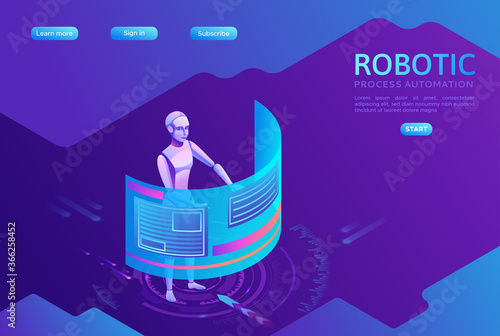Robotic process automation landing page template with robots working with data, arms moving files, extracting information from websites, digital technology service, 3d isometric vector illustration