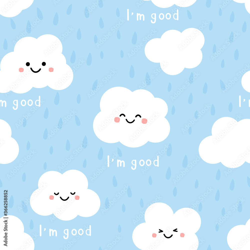 Seamless pattern of clouds with happy face on a rainy day, blue background vector. Cute cartoon character. Seamless pattern of clouds with happy face on a rainy day, blue background vector. Cute cartoon character.
