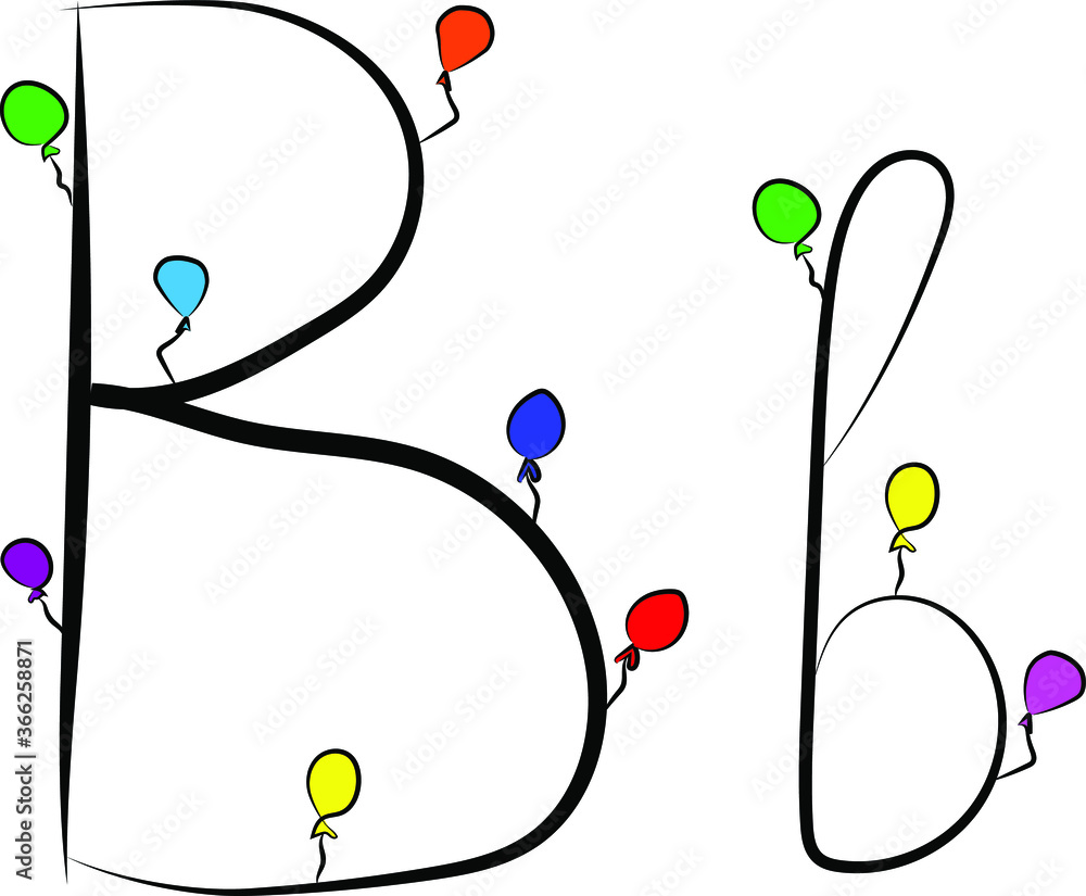 A festive font. Bright colored balloons. Birthday, anniversary, holiday atmosphere. Design of greeting cards and wedding invitations. Uppercase and lowercase Latin letter B in English. Concise design