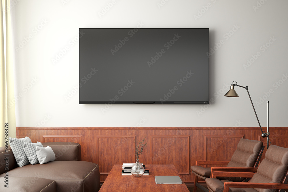TV screen mockup on the white wall with classic wooden decoration in living room. Front view, clipping path around screen. TV screen mockup on the white wall with classic wooden decoration in living room. Front view, clipping path around screen.