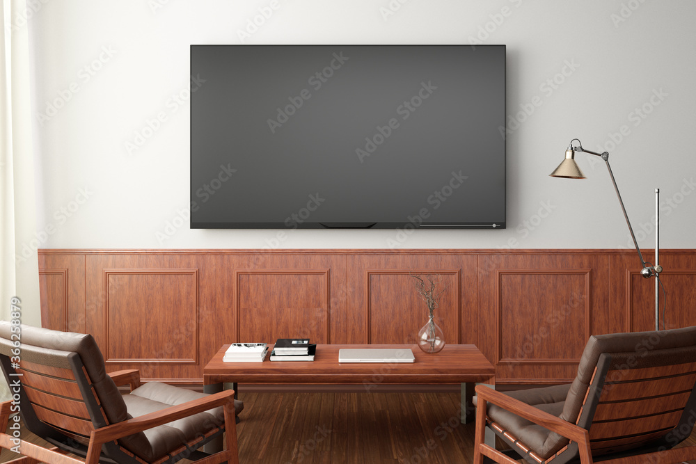 TV screen mockup on the white wall with classic wooden decoration in living room. Front view, clipping path around screen. TV screen mockup on the white wall with classic wooden decoration in living room. Front view, clipping path around screen.