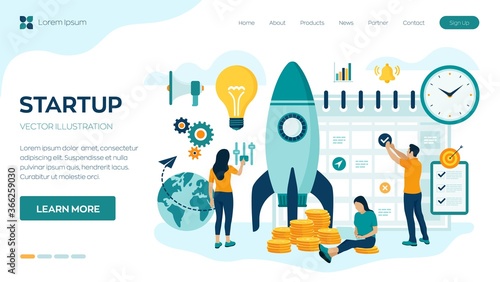 Startup business project launch. Idea through planning and strategy, time management, realization. Teamwork in the startup. Start up concept with spaceship. Flat vector illustration with characters.