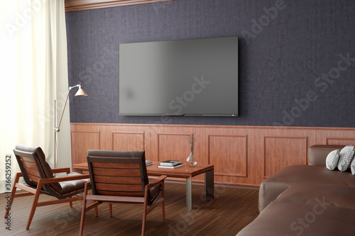 TV screen mockup on the blue wall with classic wooden decoration in living room. Side view, clipping path around screen.