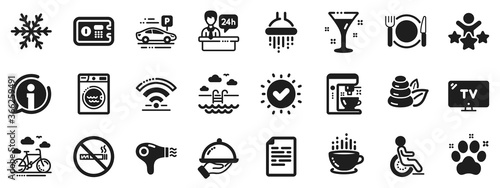 Wi-Fi, Air conditioning and Coffee maker machine. Hotel service icons. Spa stones, swimming pool and bike rental icons. Hotel parking, safe and shower. Food, coffee cup. Vector