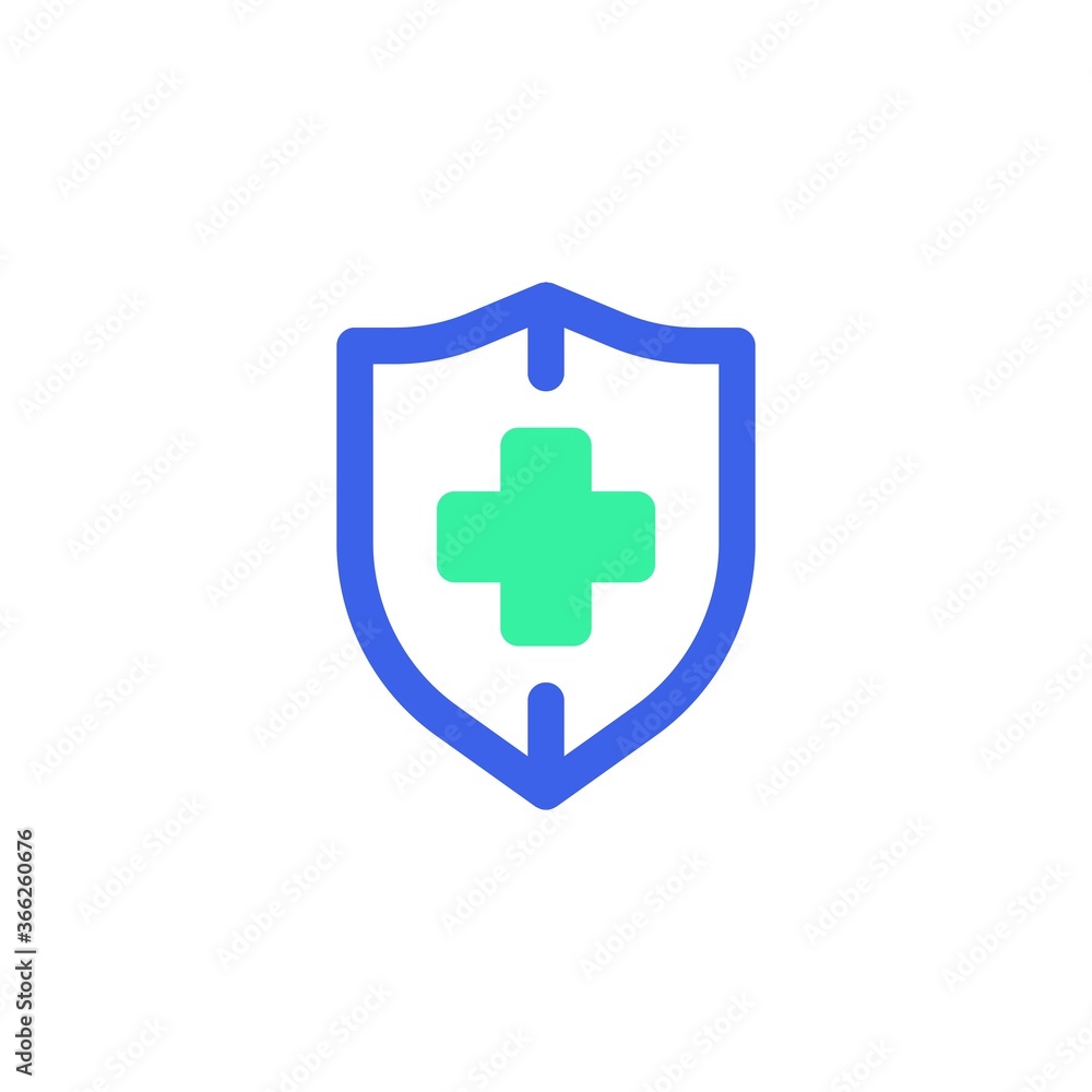 Medical insurance icon vector, filled flat sign, shield with medical cross bicolor pictogram, green and blue colors. Symbol, logo illustration Medical insurance icon vector, filled flat sign, shield with medical cross bicolor pictogram, green and blue colors. Symbol, logo illustration