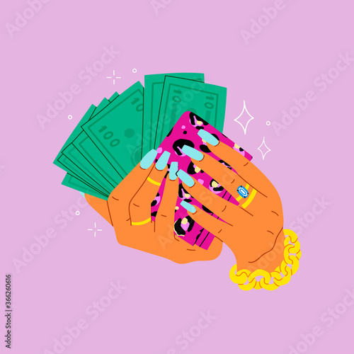 Woman's hands are holding wallet with green money. Cool manicure and golden rings. Cash in hands. Stack of hundreds of dollars. Close up look. Hand drawn Vector illustration. Logo, icon or print idea