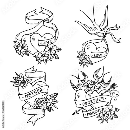 Collection of Heart Tattoos with birds.Old school style. Two hearts pierced by arrow. Tattoo hearts with flower and Swallow. Isolated tattoo red heart with ribbon. Love. Valentines Day illustration.