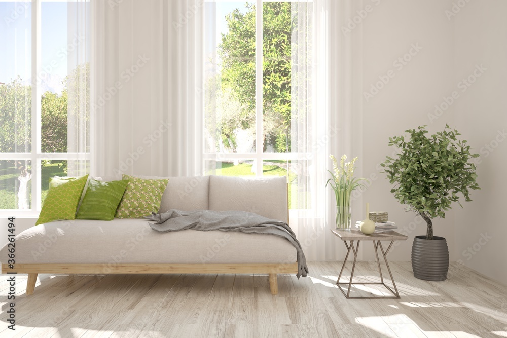Fototapeta premium Idea of white room with sofa and summer landscape in window. Scandinavian interior design. 3D illustration