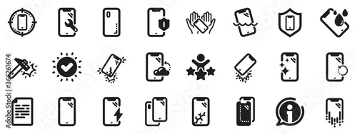 Tempered glass, screen protector and water resistant. Smartphone protection icons. Phone cover, display glass protection and shockproof device icons. Strong smartphone. Vector