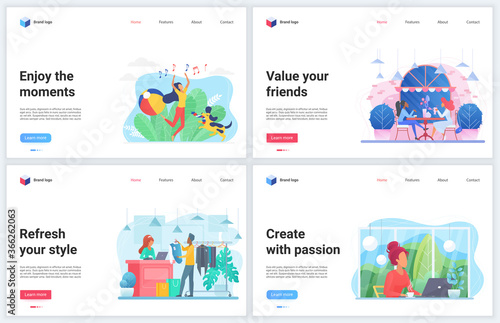 Enjoy moment vector illustrations. Cartoon flat design template set, mobile creative website interface with people enjoying friend communication in cafe shop, shopping, working and creating at home