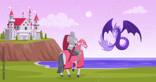 Knight fighting with water dragon vector illustration. Cartoon flat fairytale battle scene between brave prince knight in armor and dragon to save princess from castle, fairy tale story background