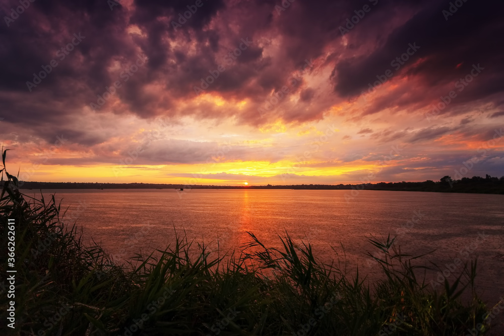 Beautiful sunrise on the lake, with reeds in the foreground