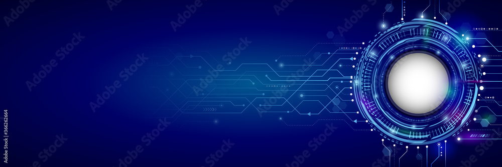 Obraz premium Abstract high tech circuit board in blue tones. Wide Technology background with various technology elements.
