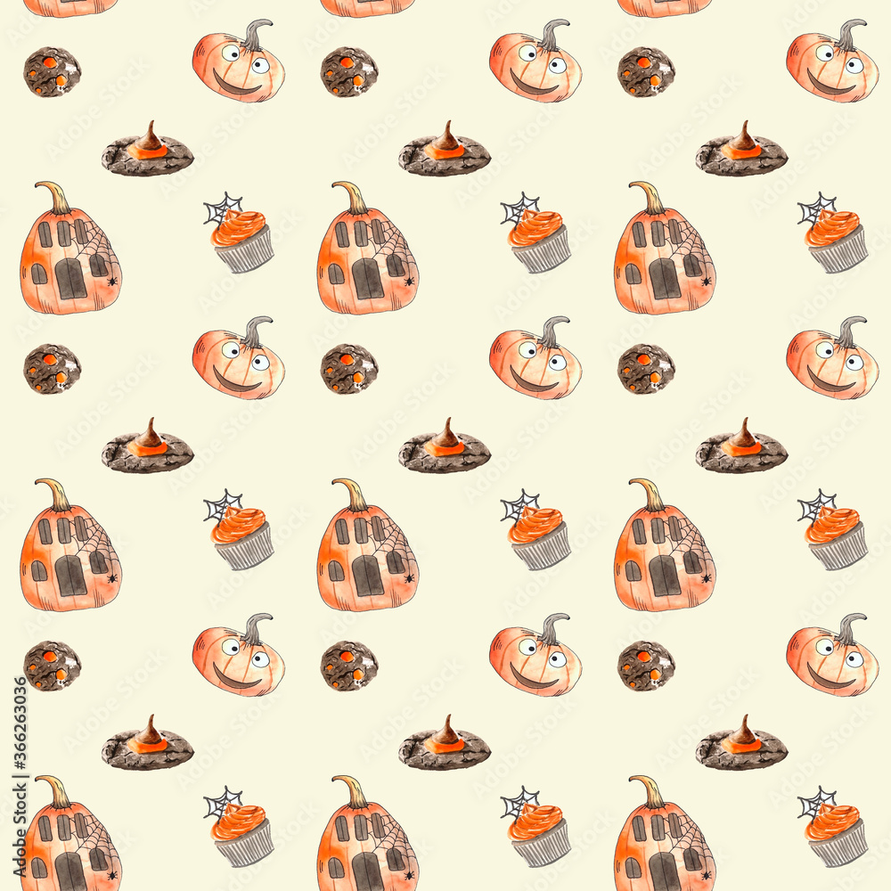 seamless pattern with watercolor cookies and pumpkins on Halloween seamless pattern with watercolor cookies and pumpkins on Halloween