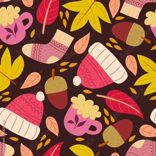 Seamless seasonal autumn vector pattern with theme elements on a neutral background. vector flat style. hand drawing. design for fabric, textile, print, wrapper.