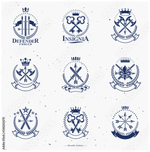 Vintage Weapon Emblems set. Vintage vector design elements collection. Retro style label, heraldry.