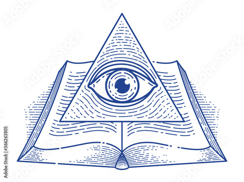 Secret knowledge vintage open book with all seeing eye of god in sacred geometry triangle, insight and enlightenment, masonry or illuminati symbol, vector logo or emblem design element.