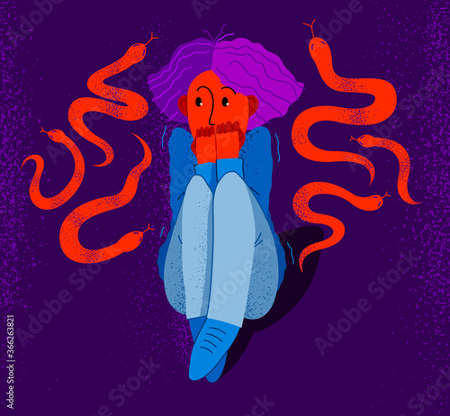 Herpetophobia fear of reptiles snakes and lizards vector illustration, girl surrounded by imaginary reptiles in panic attack and fear, mental health concept.