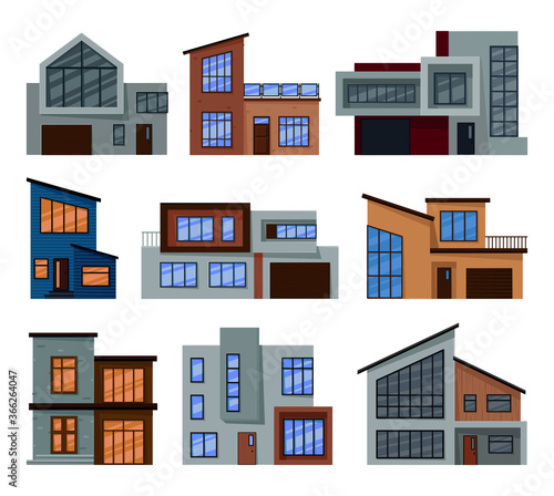 Collection of modern houses made of glass, concrete and wood. Set of contemporary apartments in Scandinavian style. Family residences. Cartoon vector illustration.