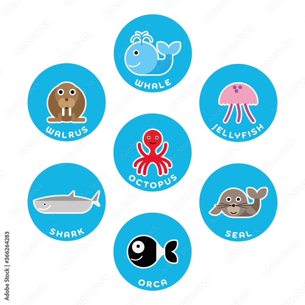 Sea and ocean animals collection. Set of 7 cartoon characters in the circle with name labels. Vector illustration Sea and ocean animals collection. Set of 7 cartoon characters in the circle with name labels. Vector illustration