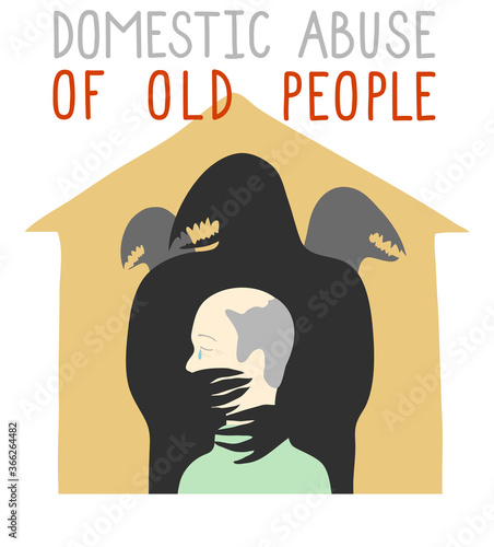 An elderly bald man who has his mouth shut and is strangled by dark scary monsters standing behind him. Conceptual illustration on the topic of domestic violence against the elderly.