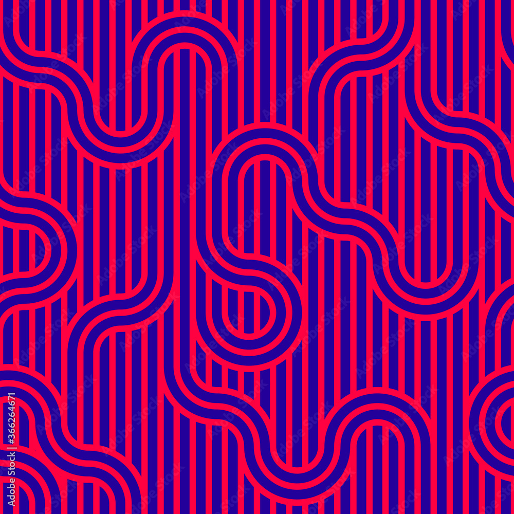 Obraz premium Stripy vector seamless pattern with woven lines, geometric abstract background, stripy net, optical maze, web network. Pink color design.