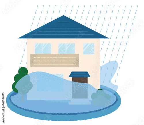水害を受ける住宅のベクターイラスト	
