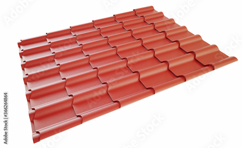 Roof metal tile red  isolated on white background with clipping path. 3d illustration.