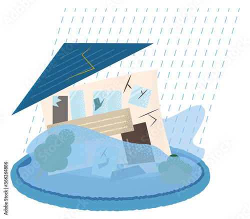 水害を受ける住宅のベクターイラスト	
