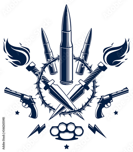 Revolution and War vector emblem with bullets and guns, logo or tattoo with lots of different design elements, riot partisan warrior, criminal and anarchist style, social tension theme.