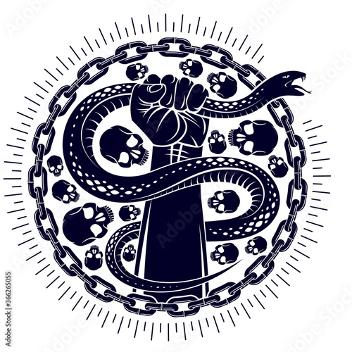 Hand squeezes a snake, fight against evil, control your dark side, internal conflict, archetype shadow, life is a fight concept, vintage vector logo or tattoo.